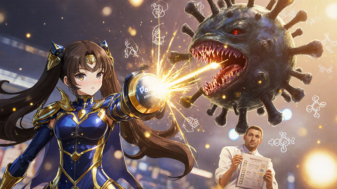 Magical girl using Paxlovid&#039;s golden beams to precisely dismantle a virus.