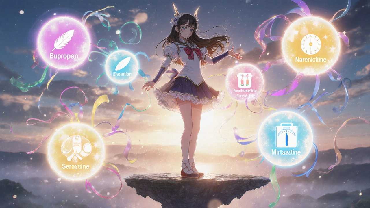 Magical heroine surrounded by six colored orbs representing different medications.