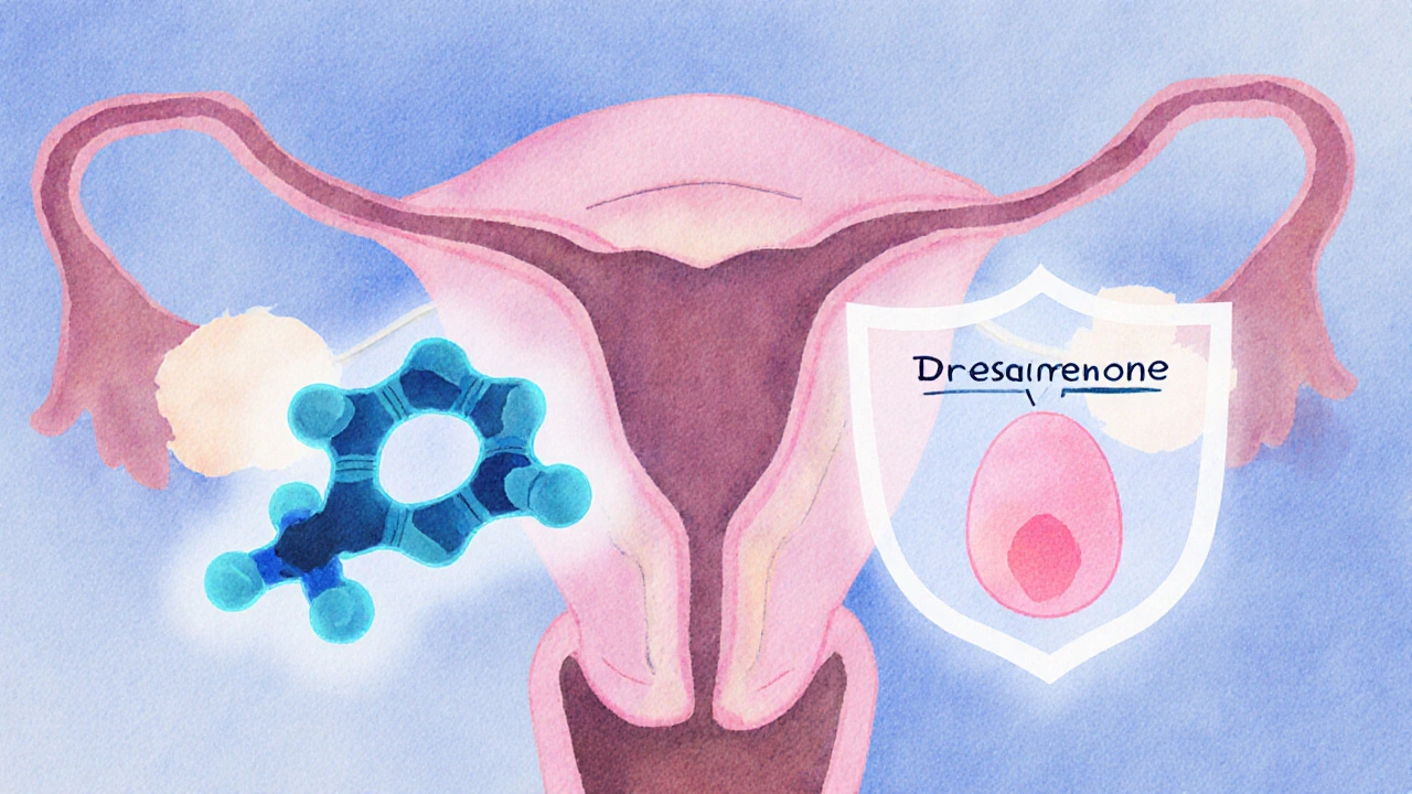 Molecular illustration of ethinyl estradiol and drospirenone over a uterus diagram.