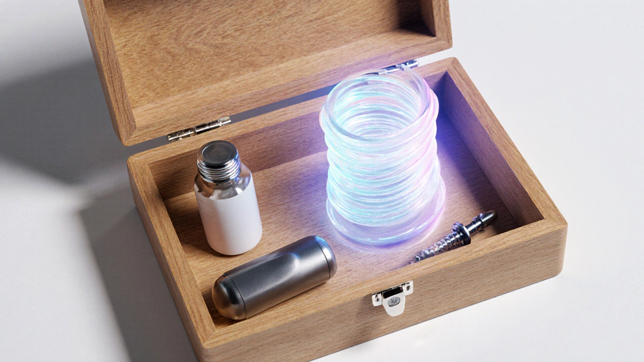Open toolbox with pills, device, implant and glowing pelvic floor symbol.