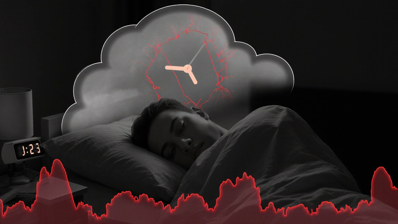 Person in bed at night with clock, dream cloud, and blood‑pressure spikes.