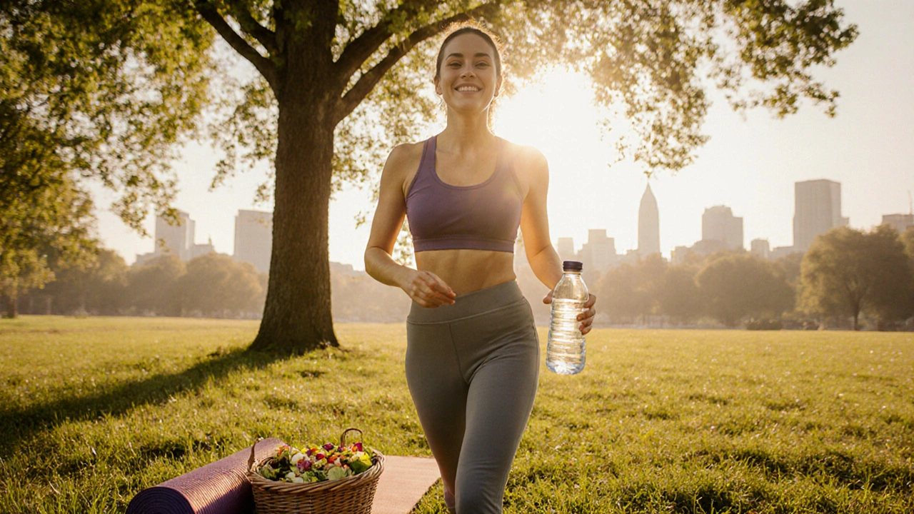 Person strolling in a sunny park with yoga mat and healthy food, symbolizing recovery.