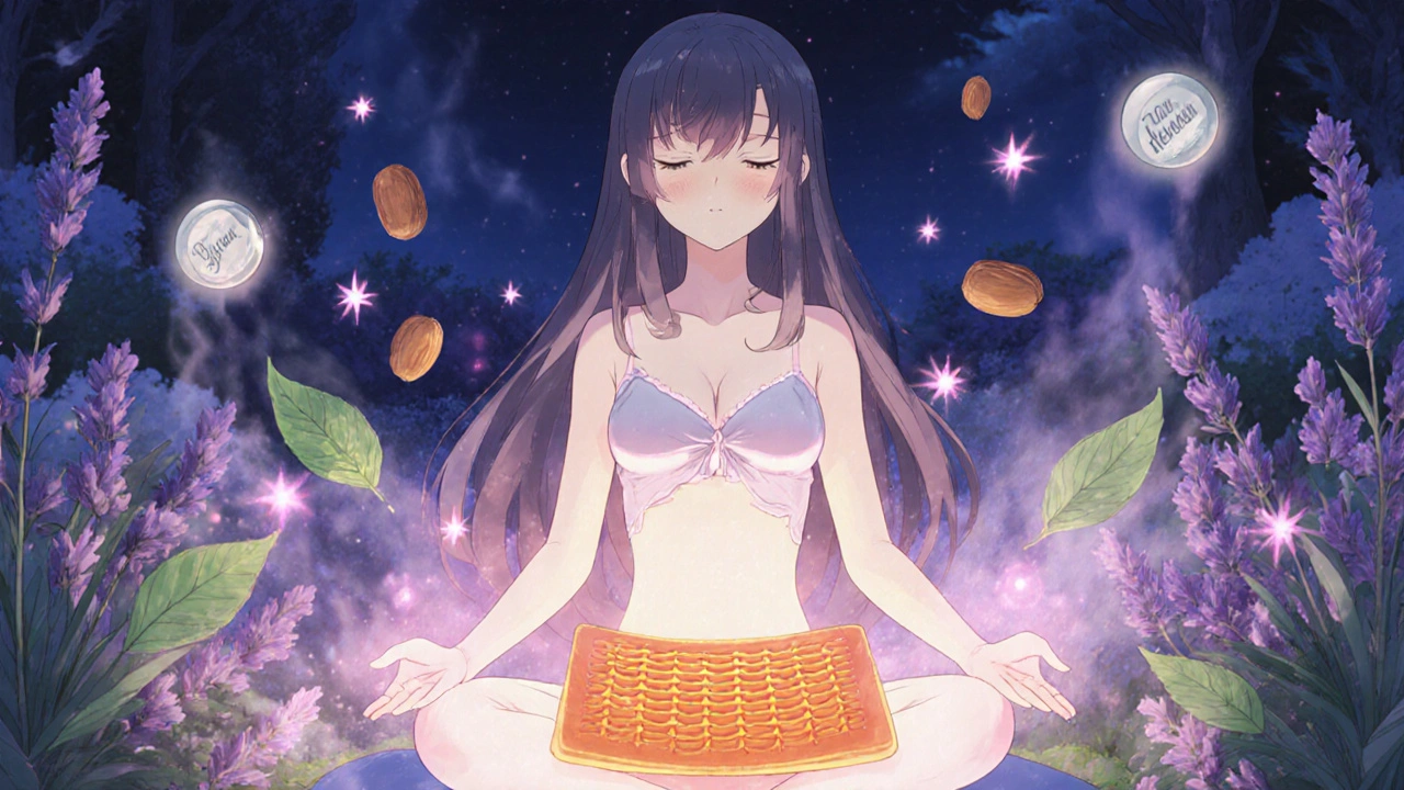 Relaxed magical girl surrounded by a warm compress, yoga pose, and nourishing foods.