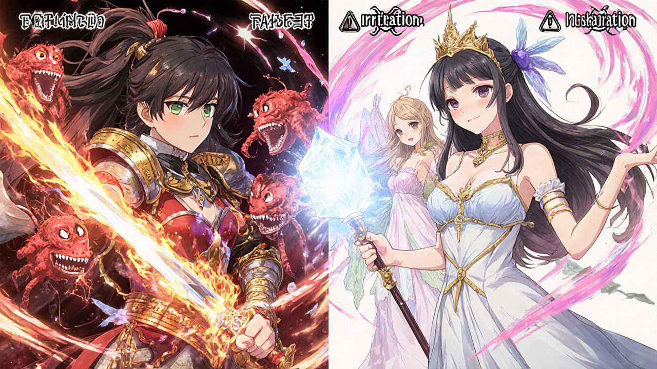 Split battle scene: benzoyl peroxide sword vs tretinoin staff, with salicylic acid fairy offering calm mist.