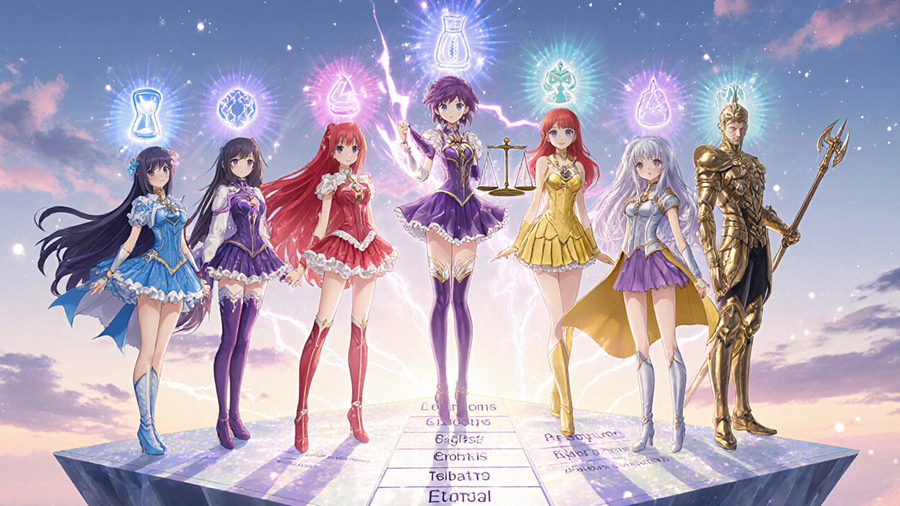 Team of six magical heroines, each dressed in distinct colors, representing different ED drugs.