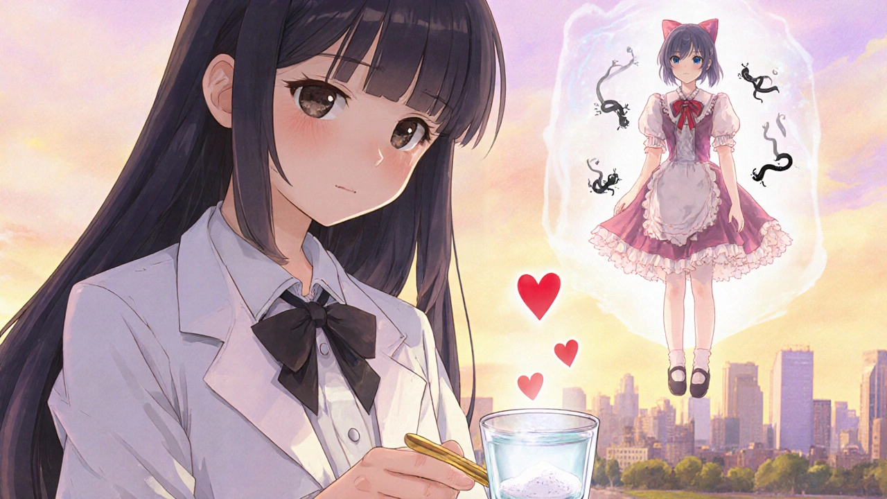 Teenage girl mixing cholestyramine powder as bile acids are trapped by magical net.