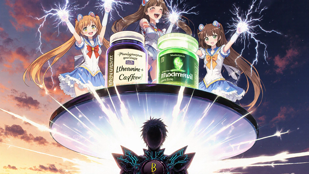 Three magical girls standing on floating nootropics, each representing different cognitive enhancers with unique powers.