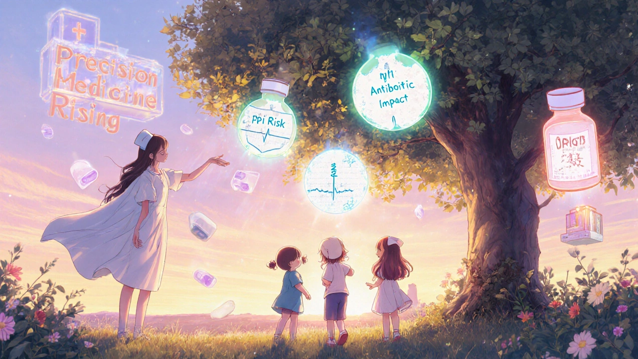 Three toddlers play under a tree shaped like medical symbols, with healing energy orbs floating above.