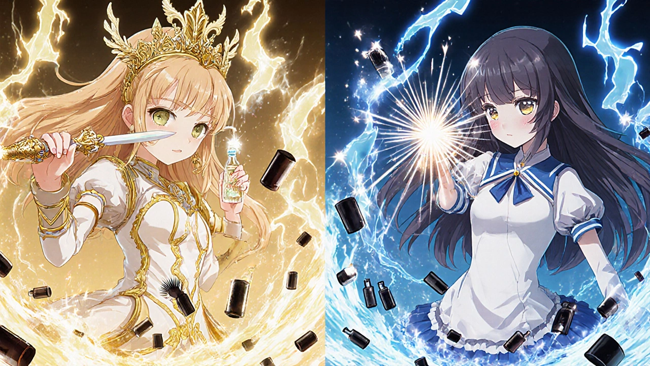 Two magical warriors compare lash growth spells, OTC serums shattered below them.