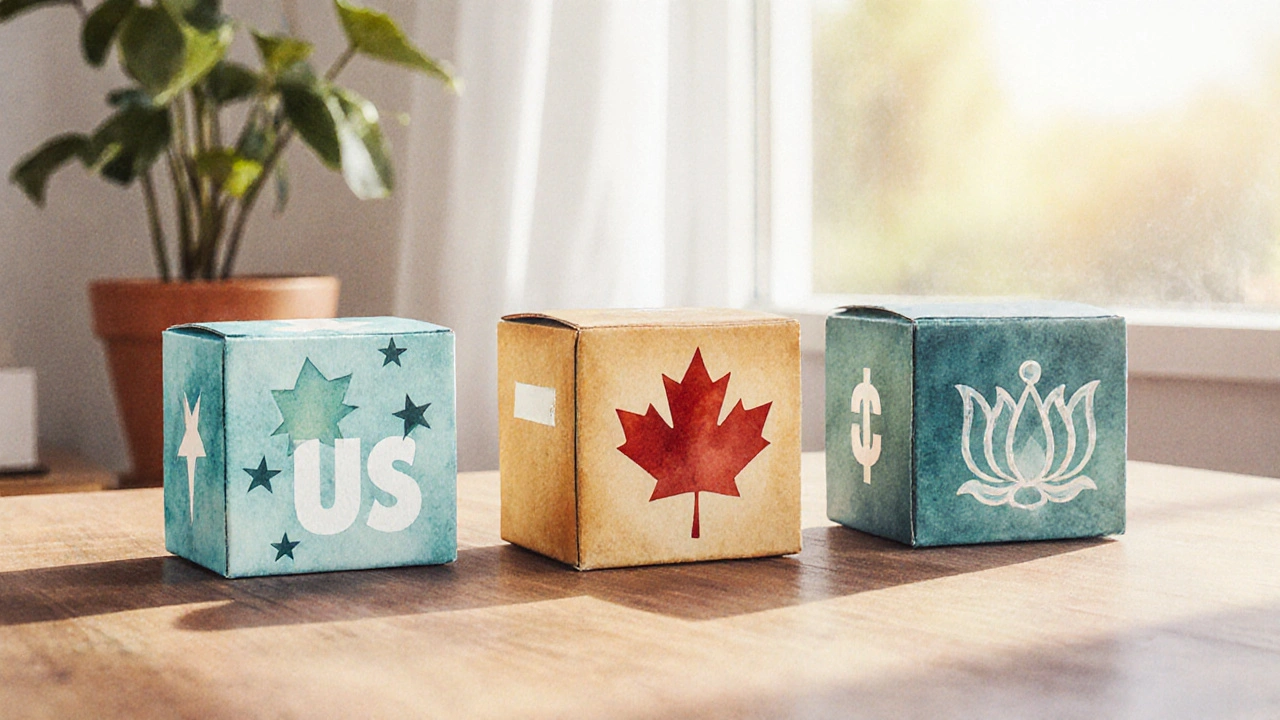 Watercolor of three different shipping boxes on a table representing various generic drug sources.