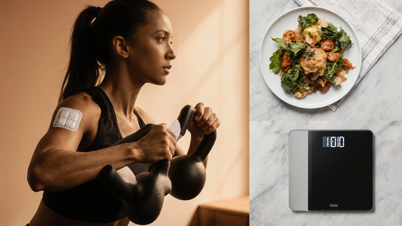 Woman doing kettlebell squat, wearing patch, with protein plate and scale.