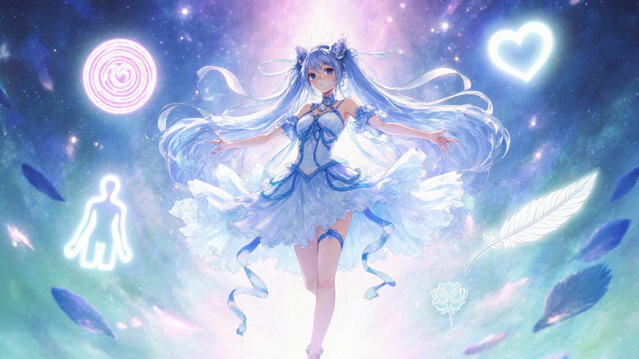 Woman in ethereal space with floating symbols of breath, body scan, love.
