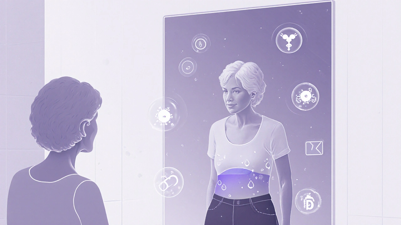 Woman in mirror showing slight waist gain and floating hormone icons.