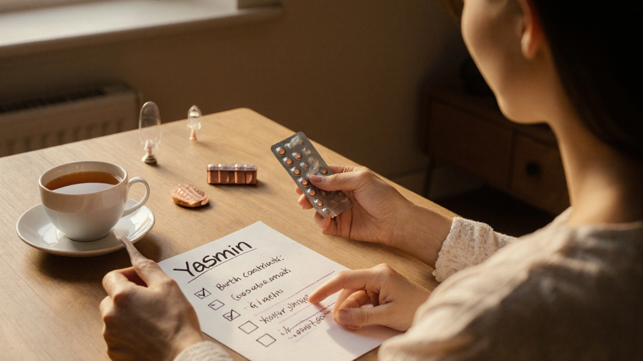 Woman reviewing a pill checklist at home with various birth control options nearby.
