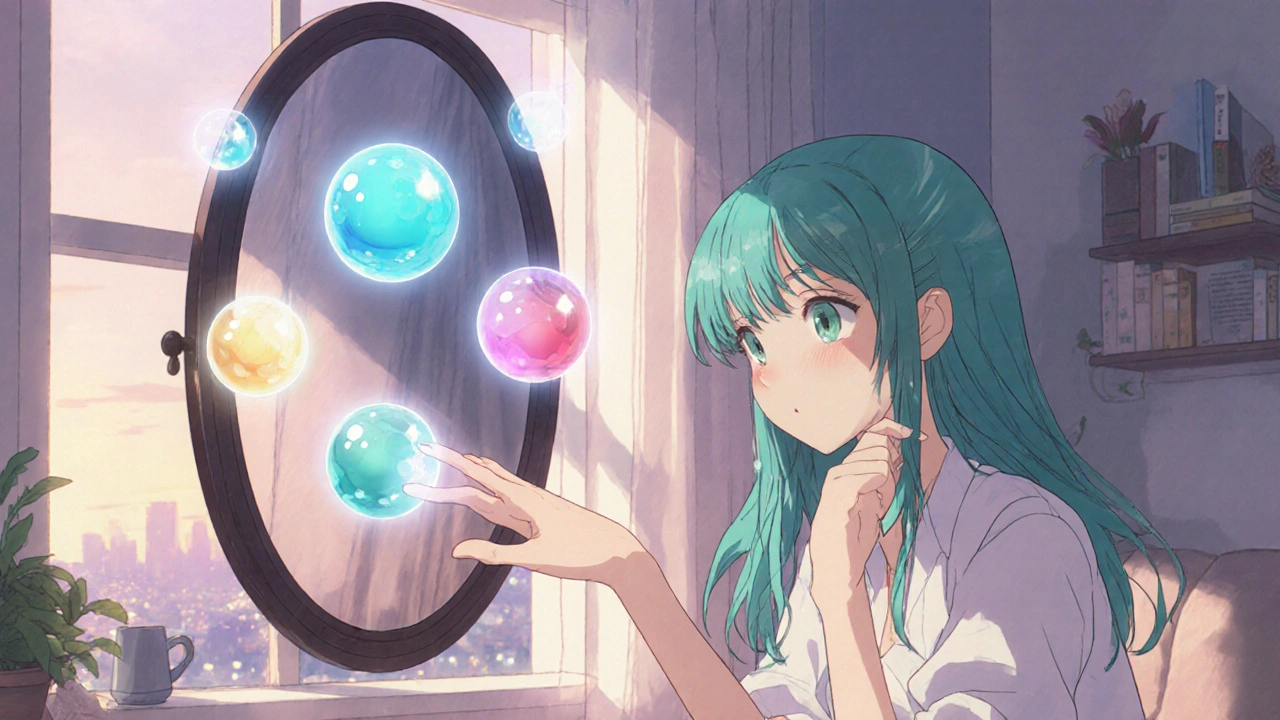 Young adult examining glowing pill orbs in a magical mirror, guided by flavoxate magical girl.