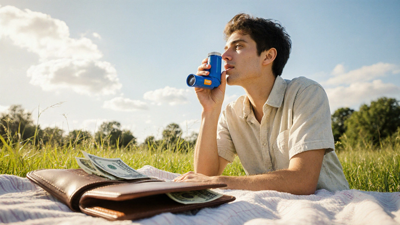 Young adult using a generic inhaler in a sunny park, feeling relief and saving money.