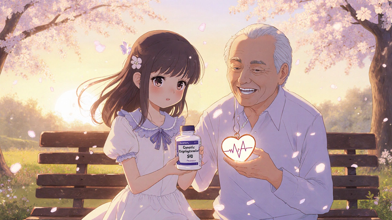 Young woman holding a low-cost empagliflozin pill bottle beside a smiling elderly patient at sunset