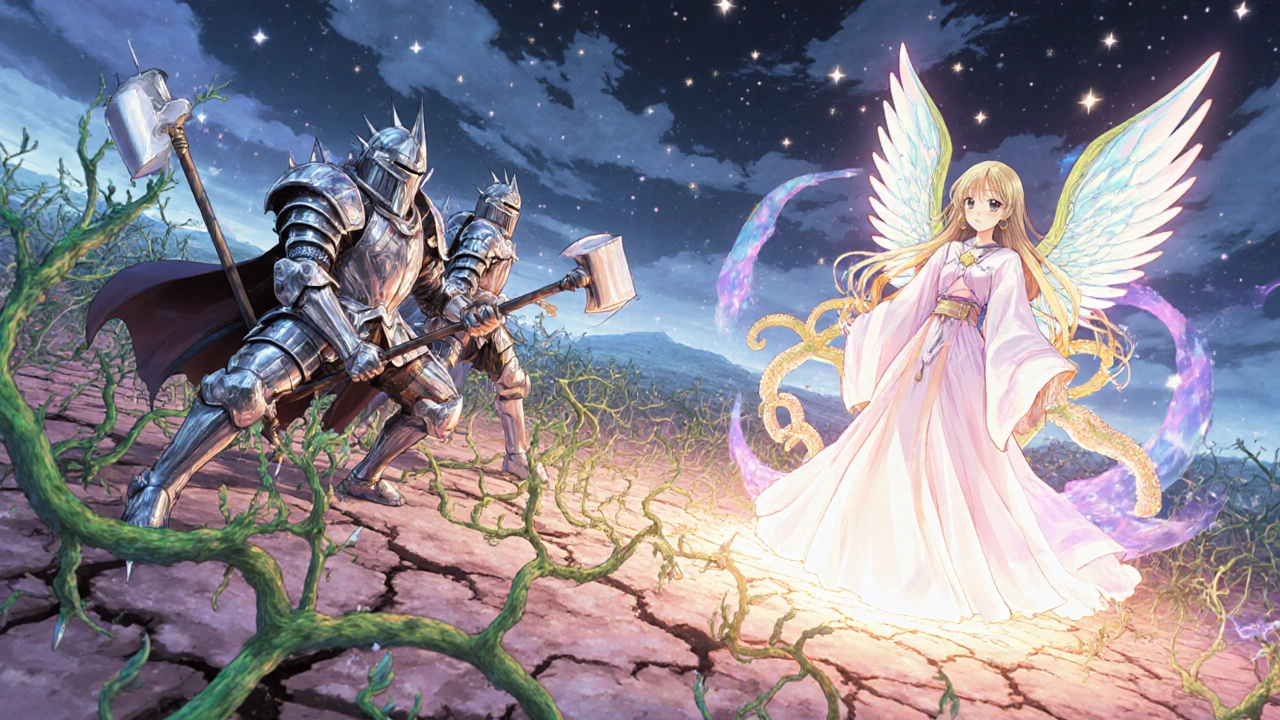 A brain battlefield where haloperidol knights destroy dopamine vines, while pimavanserin protects them.