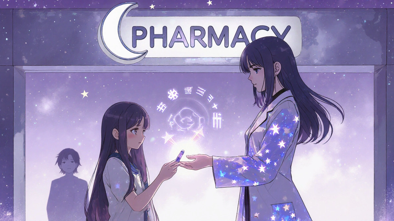 A celestial pharmacist hands a glowing emergency pill to a teen under a moon-shaped sign, with holographic age runes floating between them.