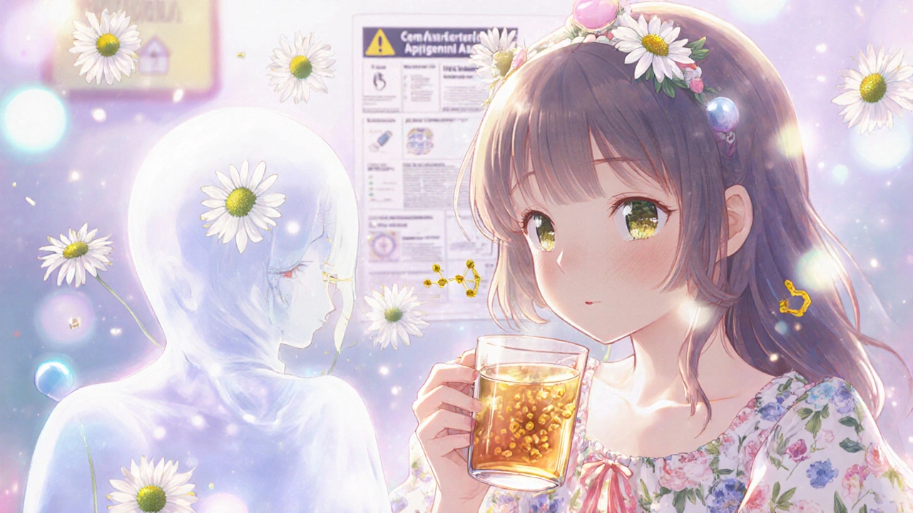 A girl sips chamomile tea as a fading birth control pill glows dimly, golden particles drifting into her body.