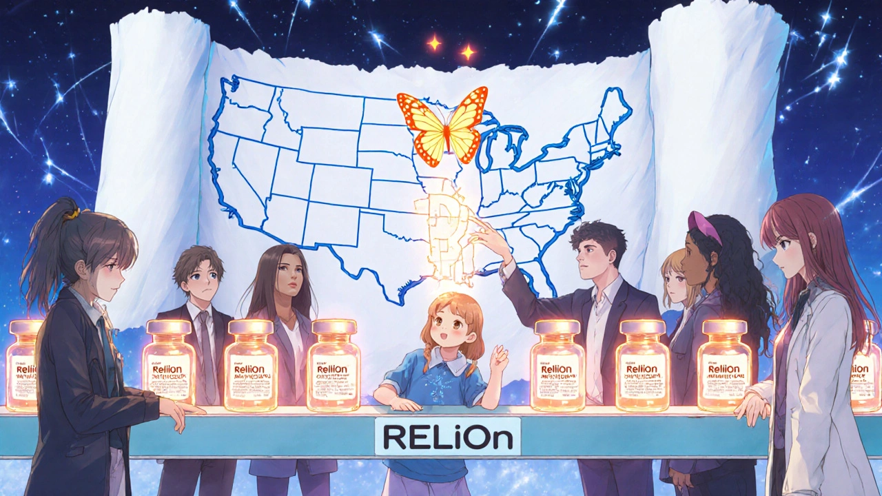 A girl touches a glowing insulin vial that turns into a butterfly, while a scroll of state laws unfurls behind her in a magical pharmacy.