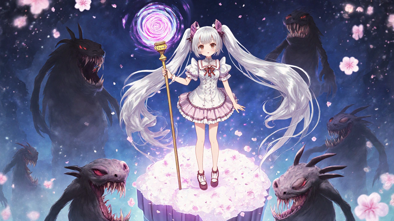 A girl with silver hair wielding an SNRI and SSRI staff, dissolving TCA monsters into petals.