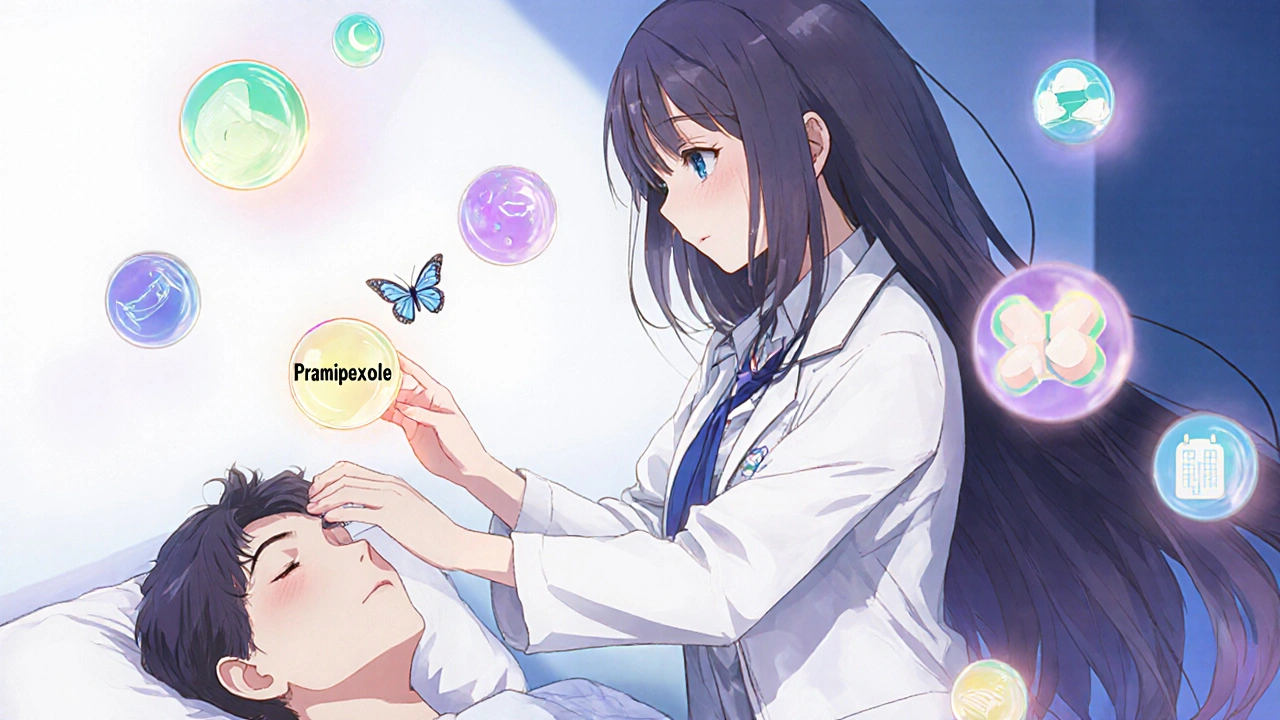 A healer dims harmful Parkinson’s meds as a quetiapine butterfly brings peace to a patient.