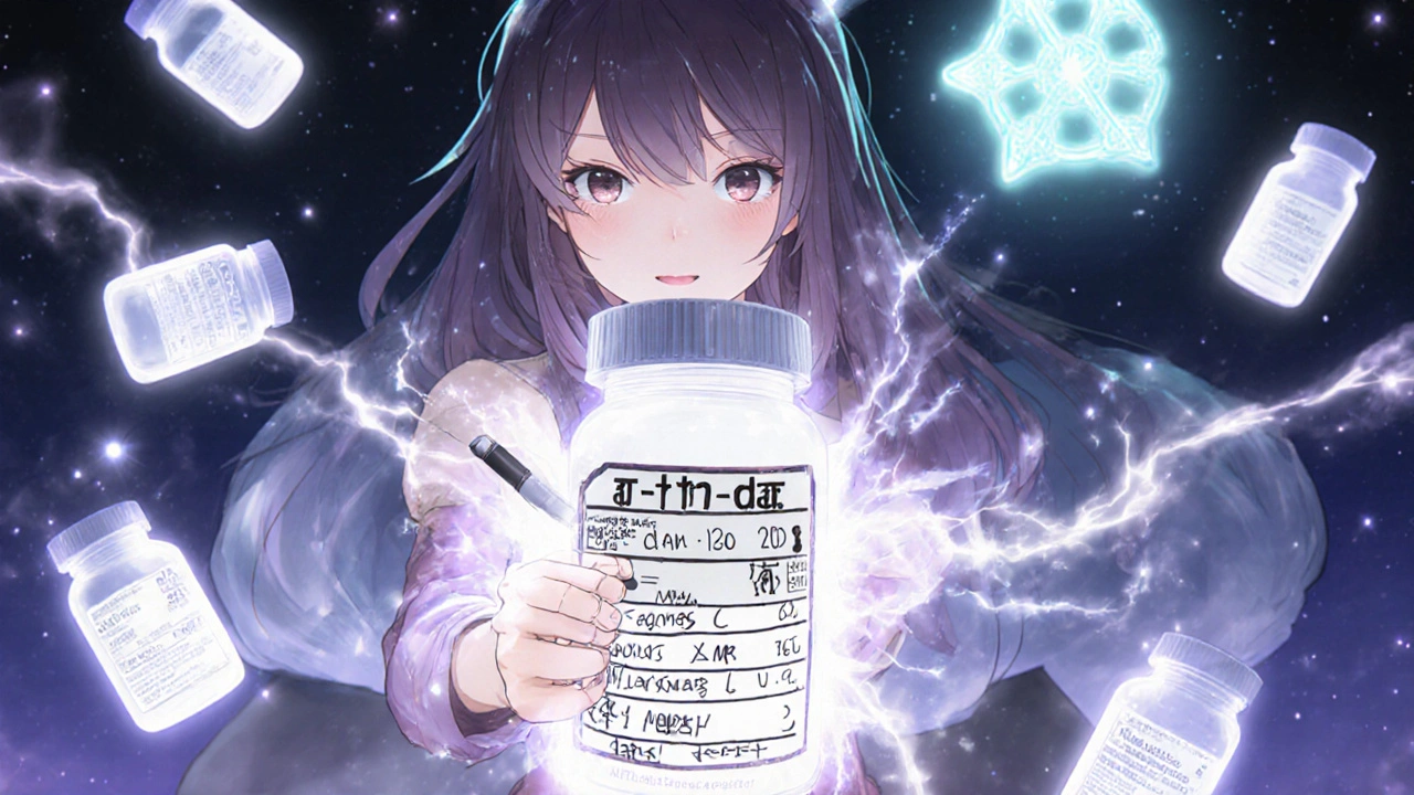 A magical girl covering a prescription label with three glowing layers of ink, erasing personal data with magical energy.