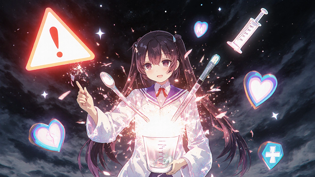 A magical girl destroys a wrong measuring spoon as an accurate syringe rises triumphantly.