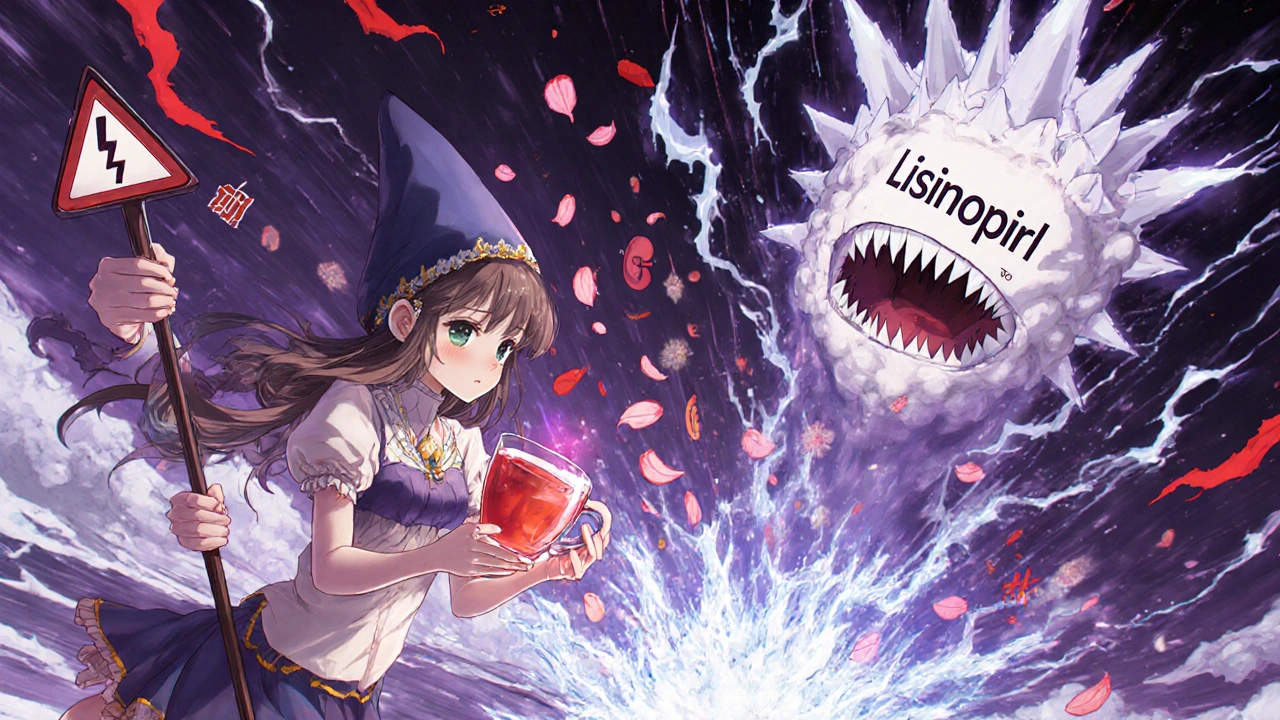 A magical girl faces a storm monster labeled &#039;Lisinopril&#039; as hibiscus petals turn to ice and blood pressure drops.