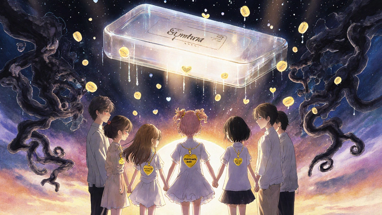 Diverse group protected by a glowing darunavir tablet shield against viral storm.