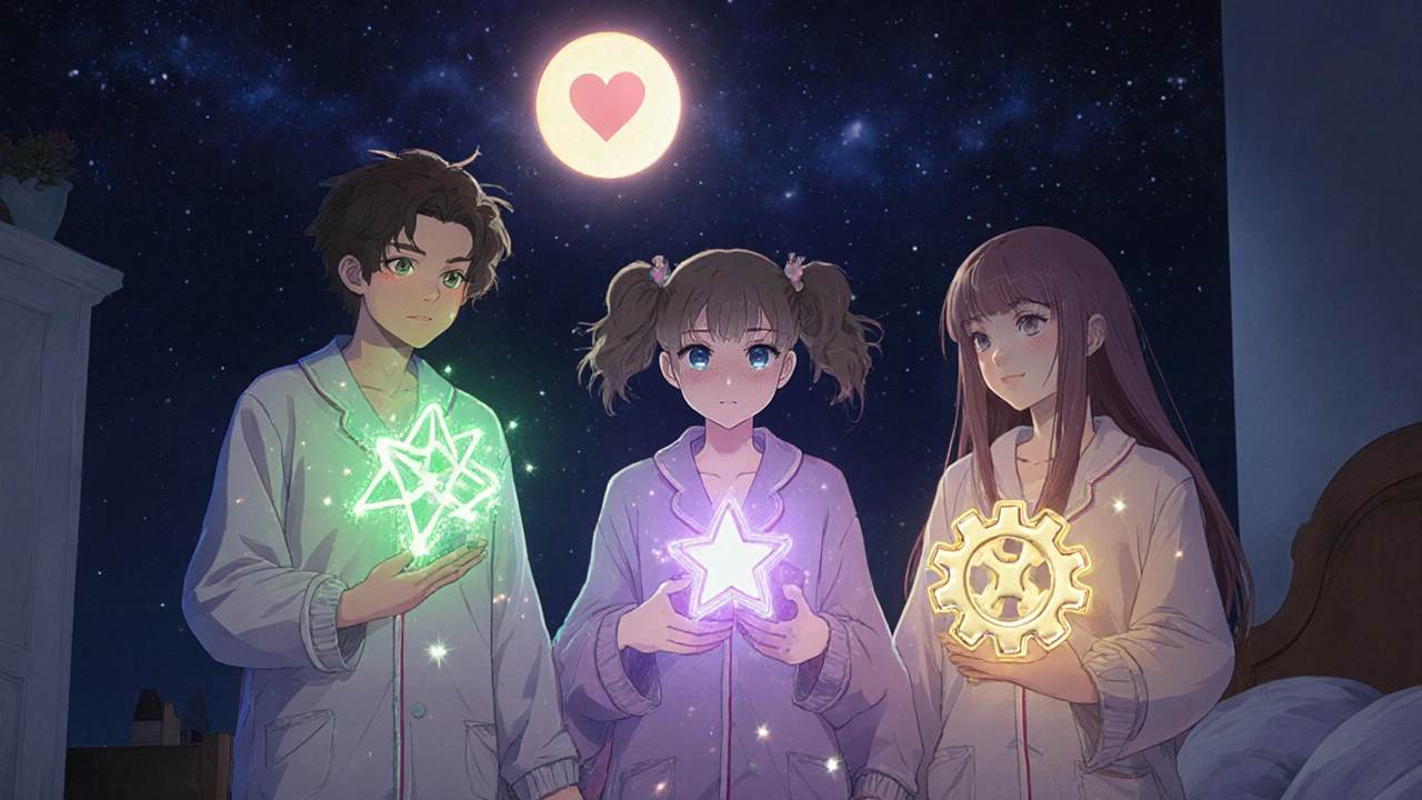 Diverse patients holding glowing antidepressant charms under a heart-shaped moon.