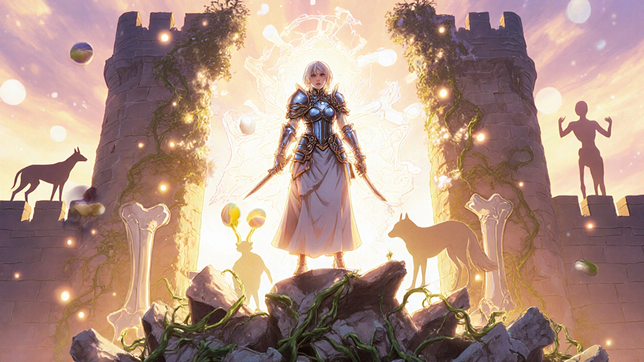 Elderly woman transformed into a warrior standing on broken PPI pills, surrounded by healthy bone symbols and spirit animals.