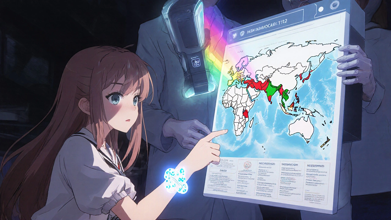 Girl beside a glowing medical bracelet, pointing at a holographic map of safe and risky dining zones.