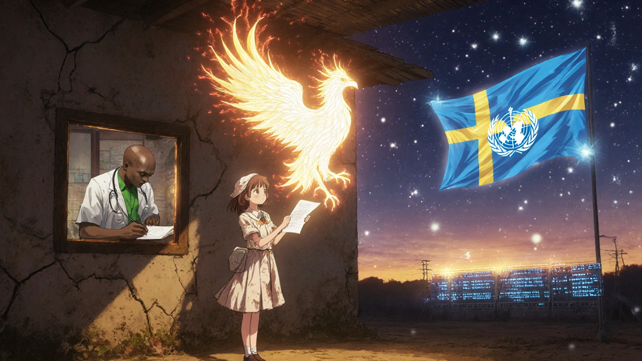 Girl sends a patient report from a rural clinic as a radiant phoenix.