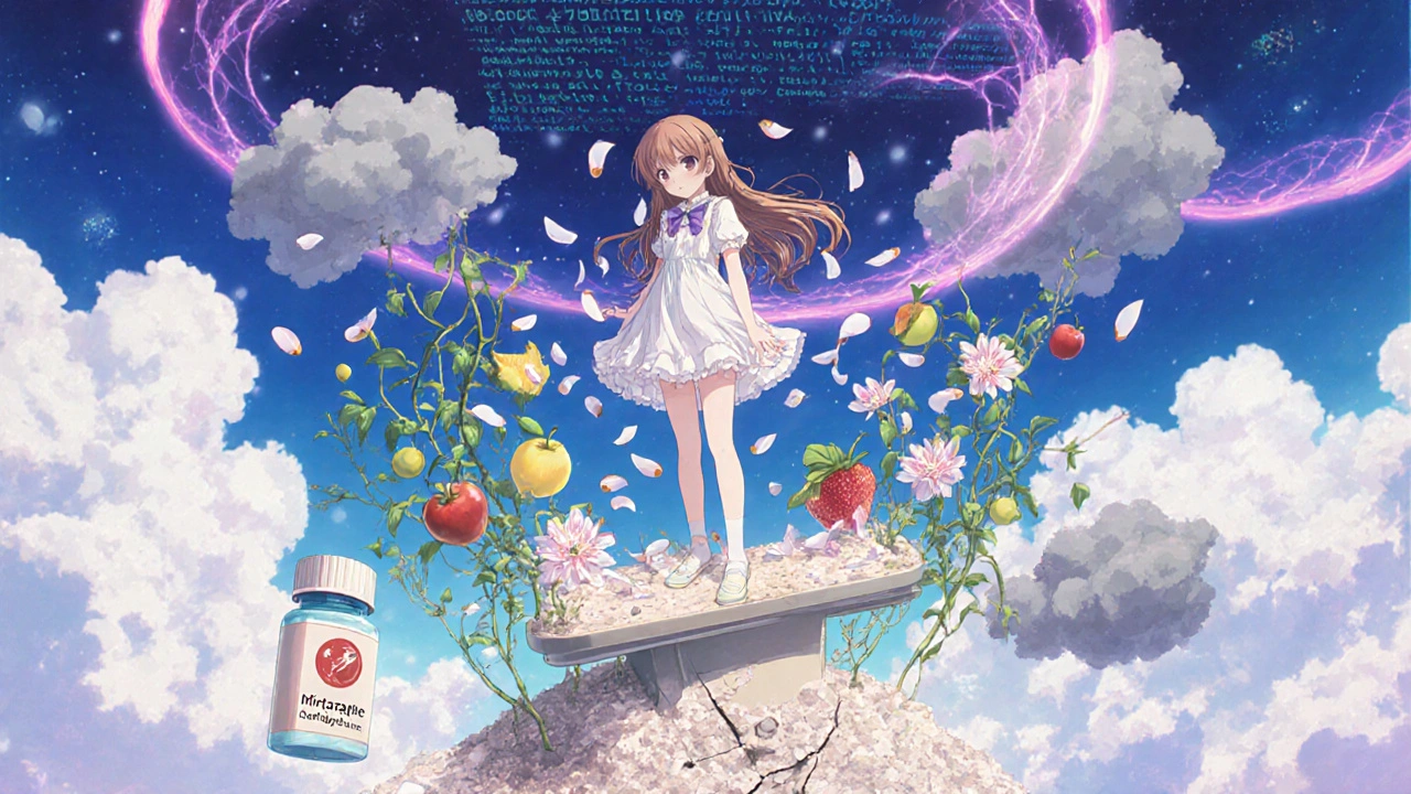 Girl standing on scale-garden as topiramate petals turn weight clouds into flowers.