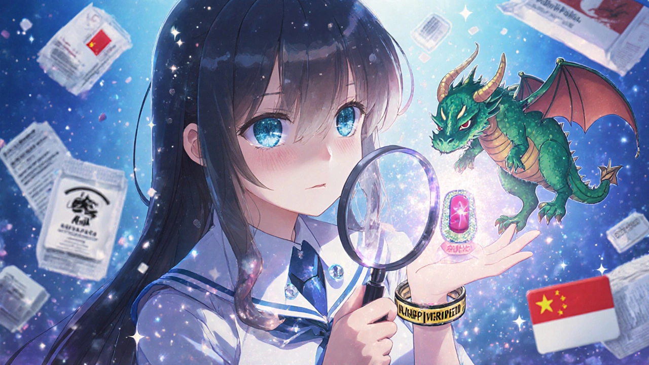 Girl using a magical magnifying glass to reveal a hidden code on a fake pill, transforming it into a dragon.