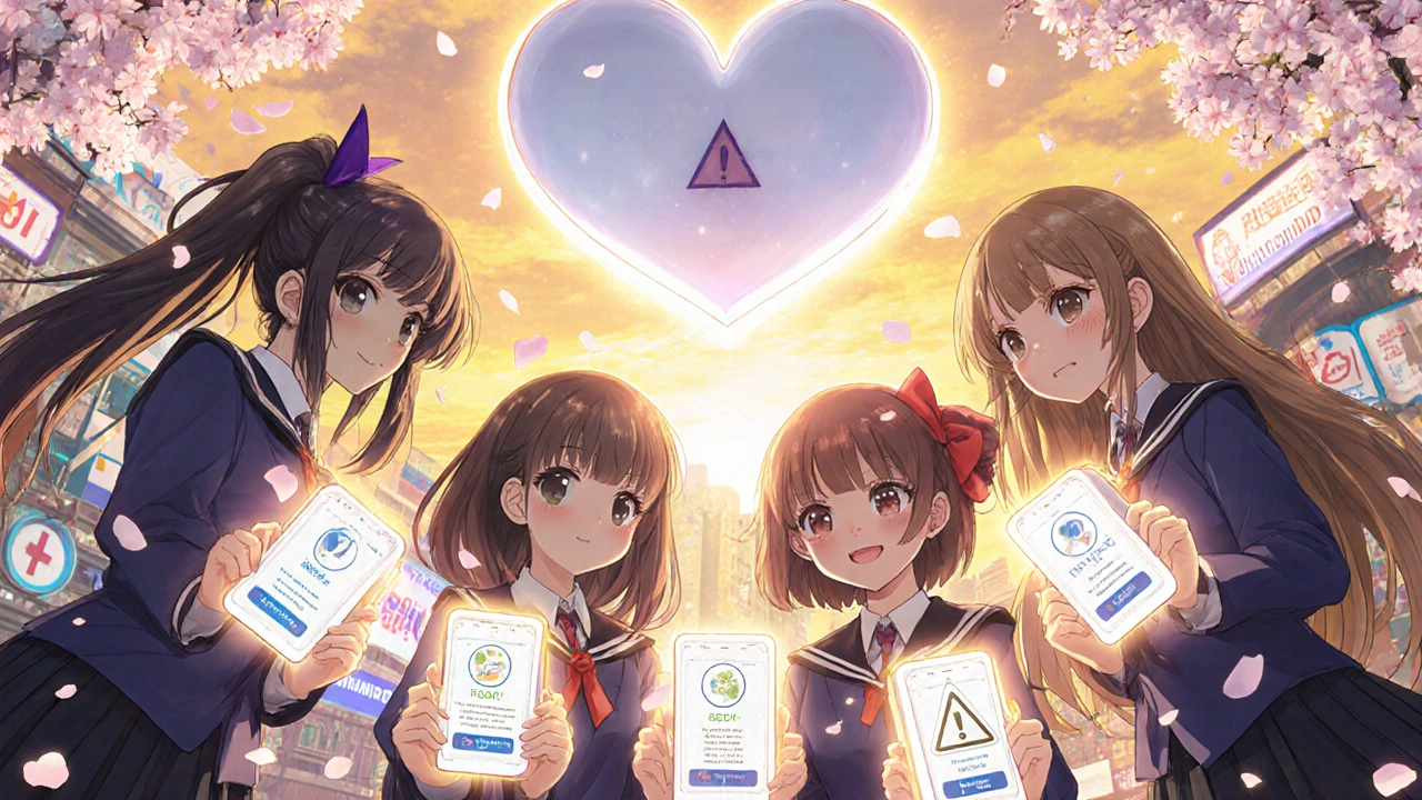 Group of characters holding trusted drug checker apps as magical books, forming a protective heart shield.