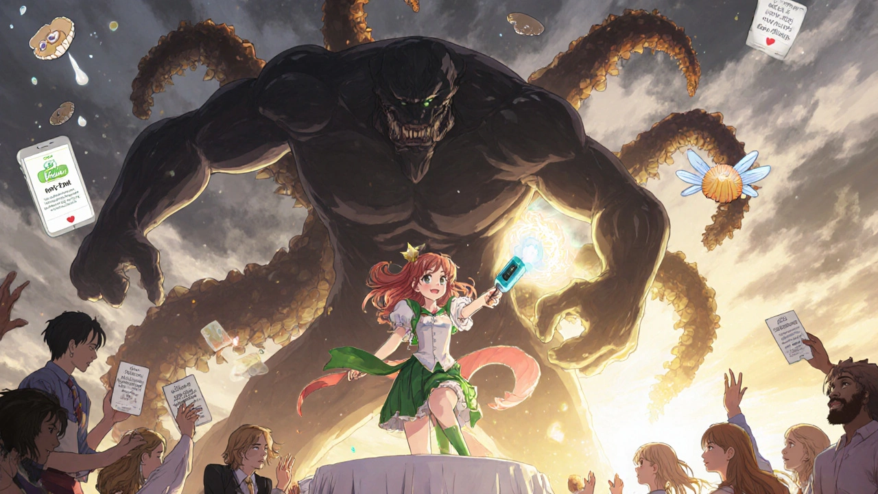 Heroine battling an anaphylaxis monster with an epinephrine wand, surrounded by app icons and cheering diners.