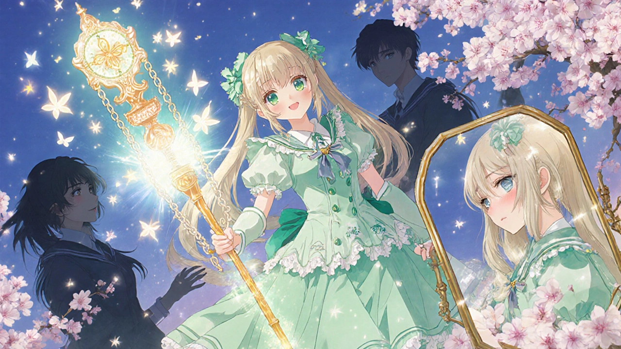 Heroine breaking chains of sexual numbness with bupropion staff, releasing fireflies.