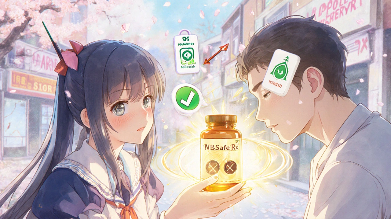 Heroine casting spell to reveal toxic pills, surrounded by verification icons