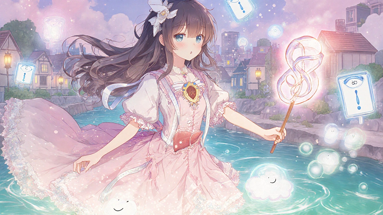 Heroine seals bleeding veins with a pill wand, ascites bubbles floating away as clouds.