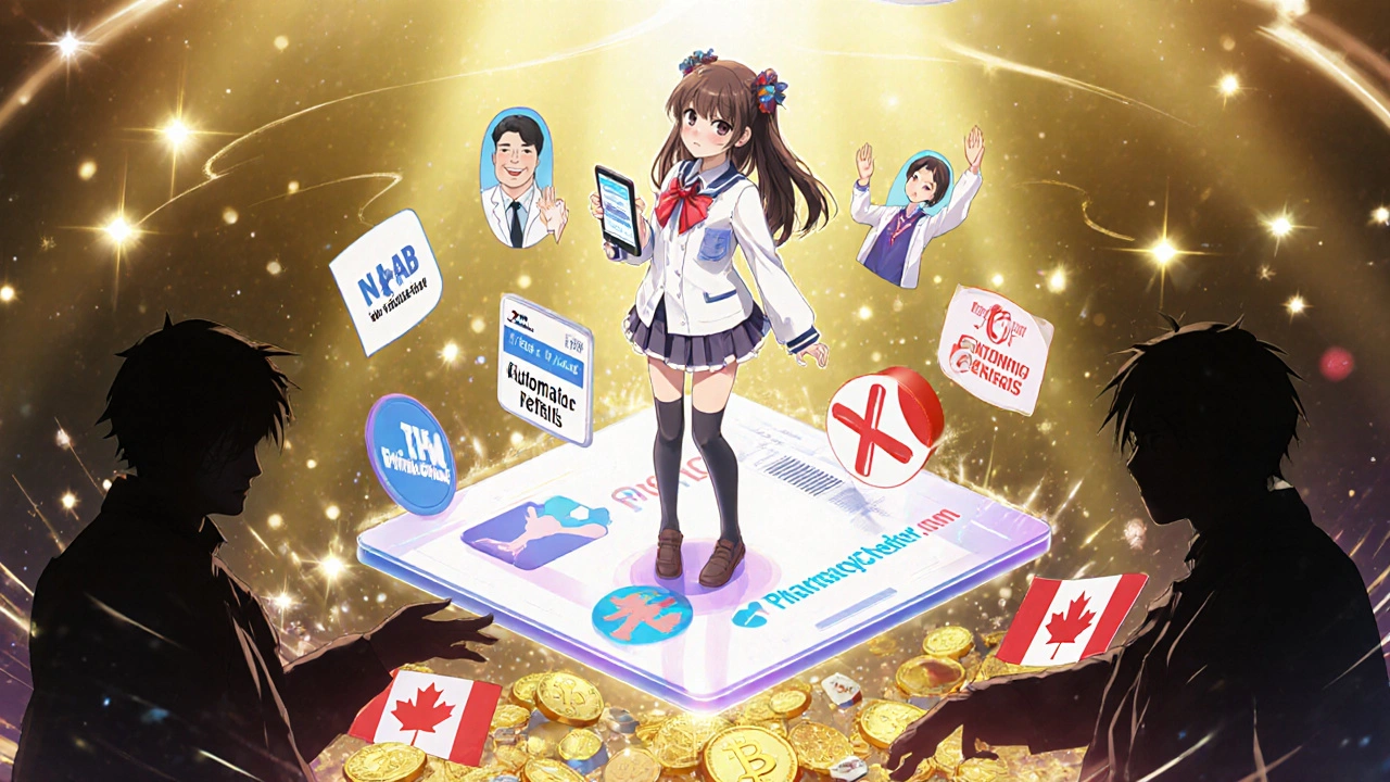 Magical girl on digital platform with verified pharmacy logos, banishing scam sites below