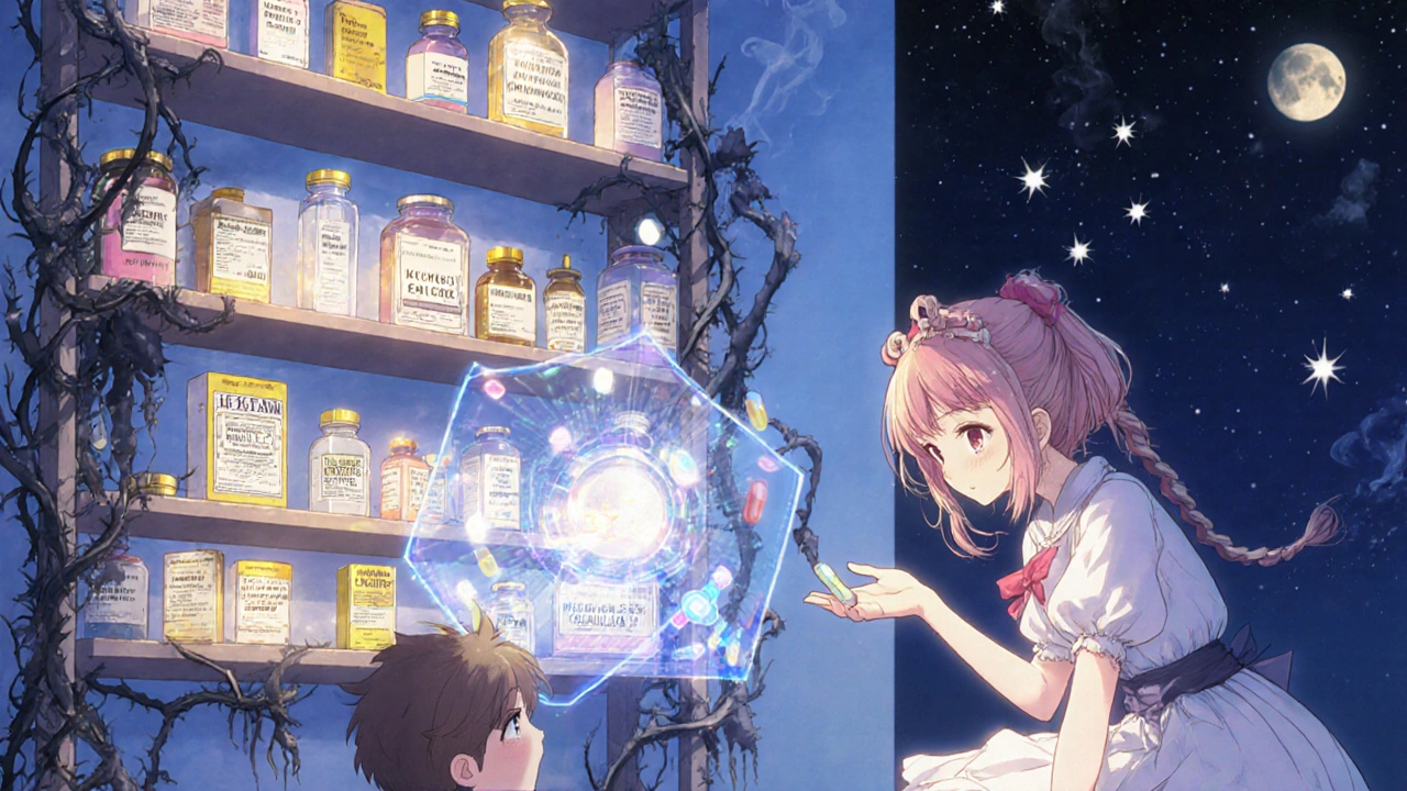 Magical girl protecting a child from dangerous counterfeit medicines with a shield of verification codes.