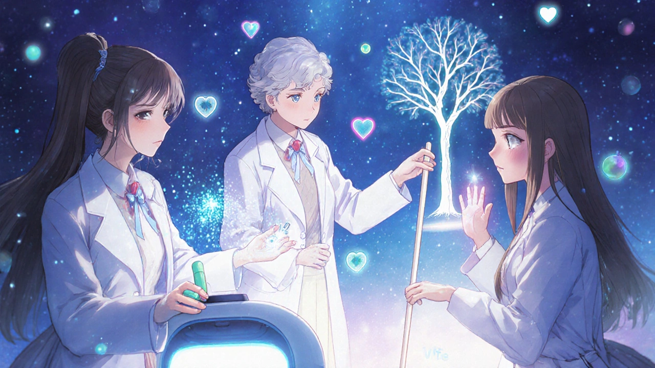 Magical girls using a holographic bone scanner with calcium capsules and vitamin D orbs glowing nearby.