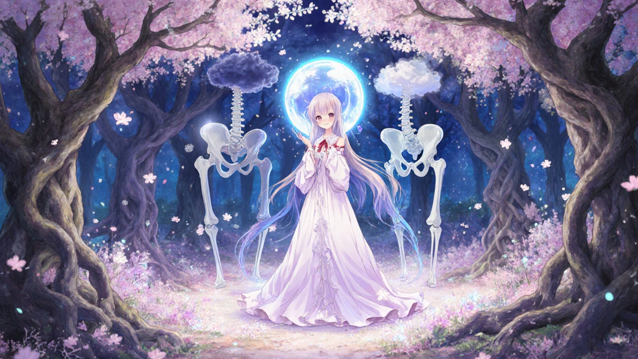 Mystical forest of bones showing two paths: fracture or strength with blooming flowers.