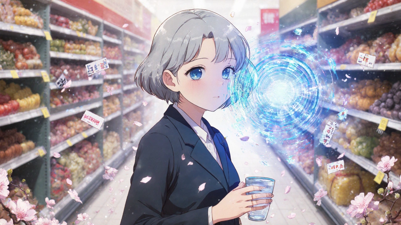 Older woman walking through a grocery store, head turning smoothly while holding a cup of water, glowing energy stabilizing her vision.