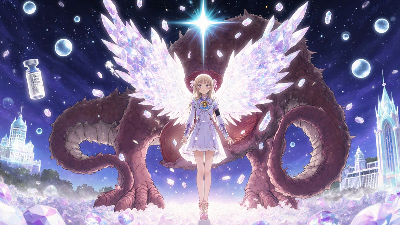 Patient transforms into warrior with lactulose wings, defeating liver cancer monster.