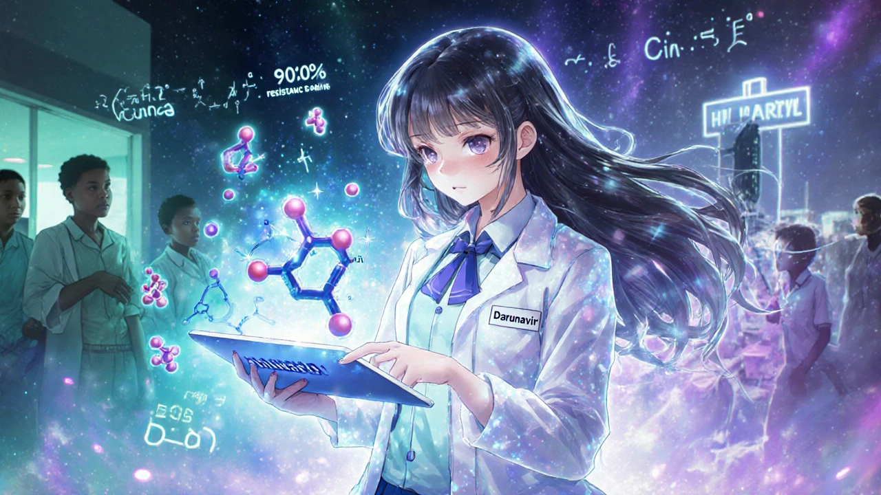 Scientist-girl in magical uniform showing darunavir locking into a virus enzyme.
