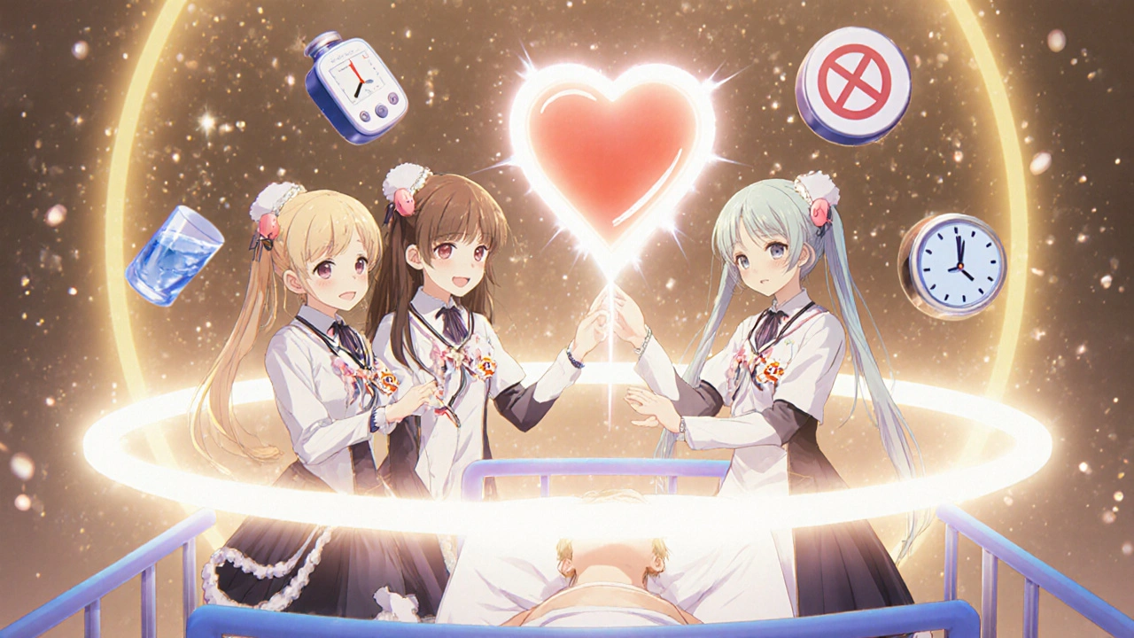 Three healer girls guard a patient with floating safety symbols and a warning heart.
